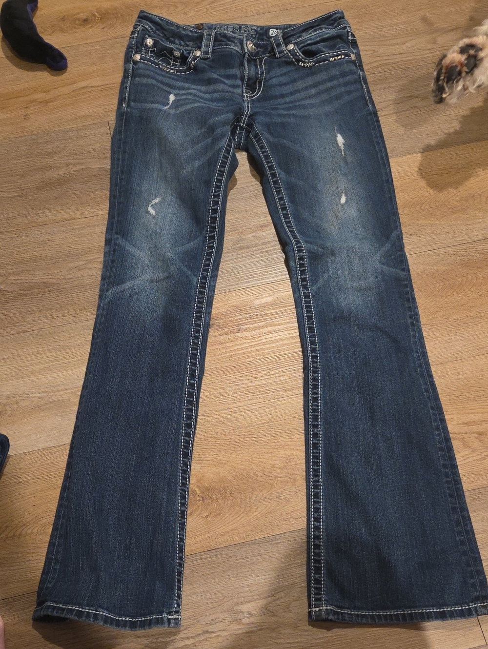 Miss Me Dark Blue Flare Jeans with Distressed Details